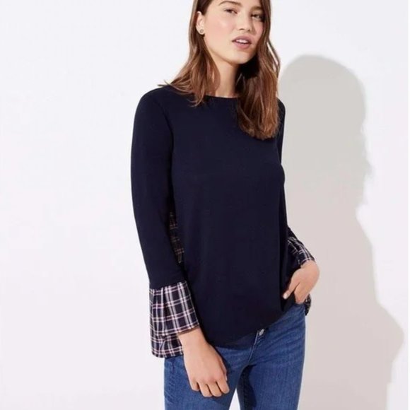 Loft Ann Taylor Mixed Media Plaid Navy Bell Sleeve Top Womens S/M - Picture 1 of 7